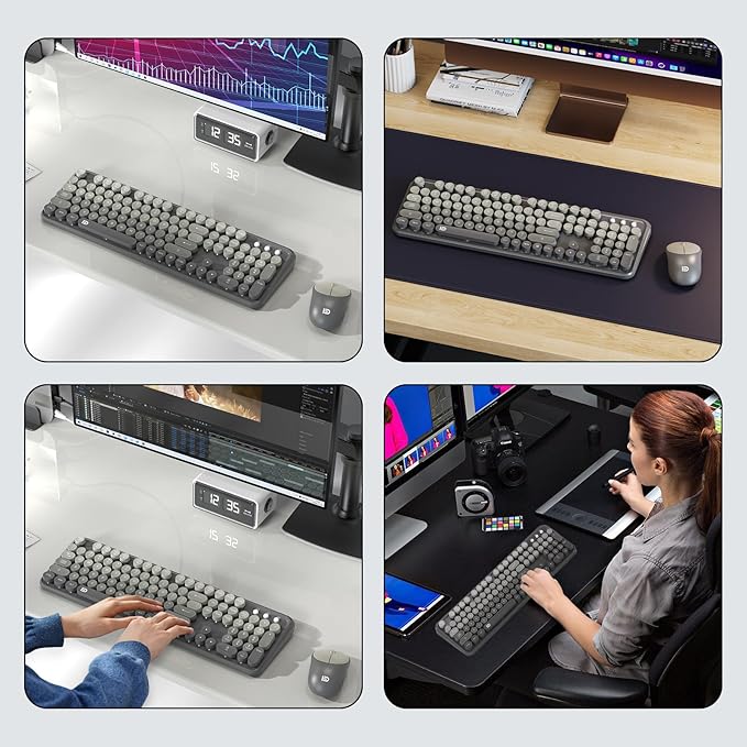 Wireless Keyboard and Mouse Combo 2.4 GHz Wireless Full-Sized Typewriter Keyboard with Round Keycaps for Windows Computer Desktop PC Laptop (Grey)