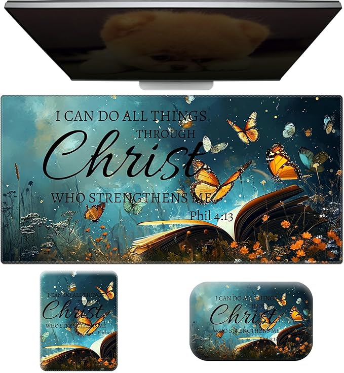 Ergonomic Desk Pad Mat &amp Keyboard Wrist Rest Set 3-in-1 Office Mouse Pad with Memory Foam Support Non-Slip Computer Blotter for Home Gaming &amp Writing 23.6 x 11.8 Butterfly Bible 4-13