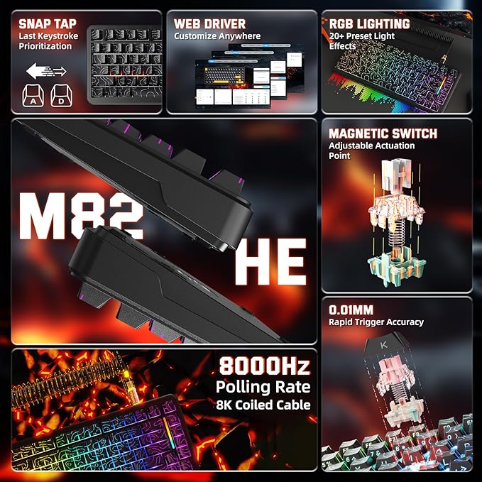 MAMBASNAKE M82 HE Hall Effect Magnetic Switch 75% Rapid Trigger Gaming Keyboard 8KHz Magnetic Keyboard with 0.01mm RT Accuracy Support RT/Snap Tap/DKS with RGB Lighting Coiled Cable-Black Contour