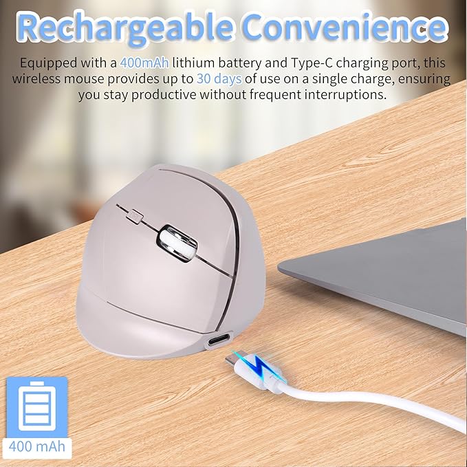 Bluetooth Wireless Vertical Mouse - Ergonomic Design Rechargeable with Type-C Silent Operation for Office and Home Use Ideal for Professionals &amp Students (Gray)