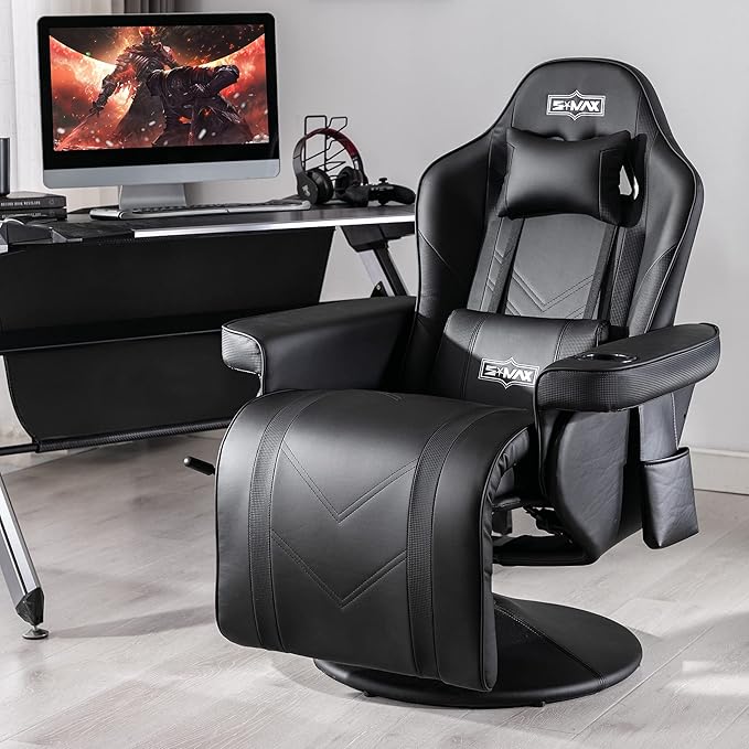 S*MAX Gaming Recliner Chair for Adults Racing Style Ergonomic High Back Swivel PU Leather Gaming Chair with Adjustable Backrest and Footrest Cup Holder Side Pouch Black