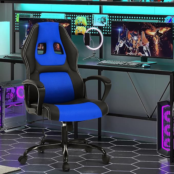 High-Back Racing Gaming Chair with Massage Lumbar Support - Ergonomic Adjustable Swivel - Black PU Leather - Perfect for Home Office or Gaming (Blue)
