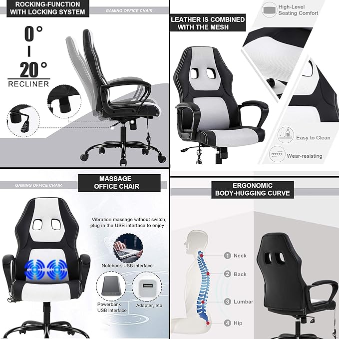 TTY Store Modern White Gaming Ergonomic Racing Office Chair PU Leather &amp Mesh 250 lbs Capacity 360 Swivel Easy Assembly
