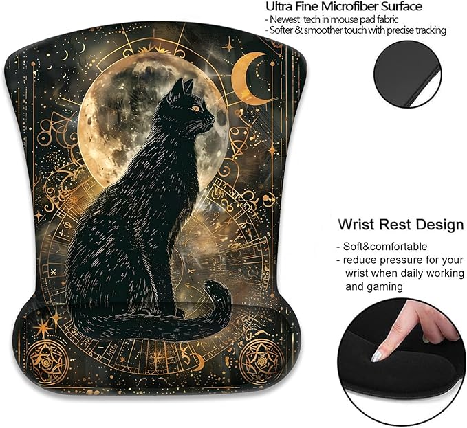 Mouse Wrist Rest and Keyboard Wrist Rest Pad+ Coaster Set Non-Slip Rubber Base Smooth Surface Ergonomic Gaming Mouse Pad for Easy Typing and Pain Relief Divination Black Cat