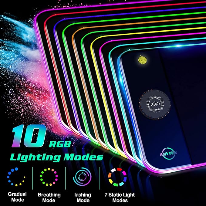 RGB LED Mouse Pad with 15W Wireless Charger Gaming Mouse Pad with 10 Light Modes Extra Large Mousepad Non-Slip Rubber Base Computer Keyboard Mat for Men