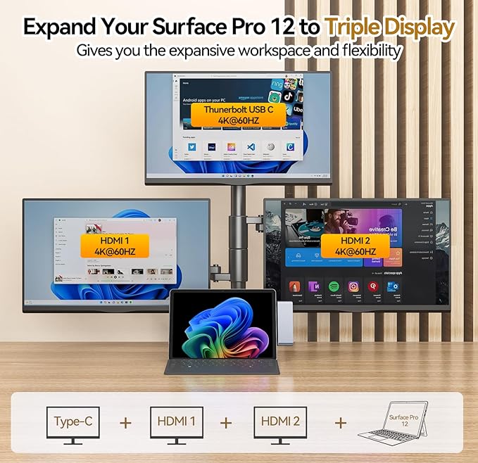 Surface Pro 12 Docking Station - 8-in-1 Triple Display USB Hub with Dual 4K HDMI Thunderbolt 4 (4K@60Hz 40Gbps 100W PD) 2 USB 3.0 SD/TF Audio for Surface Pro 12 Accessories