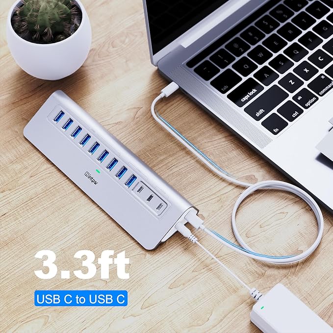 Powered USB Hub intpw 12 Port USB C Hub with 10Gbps USB C 3.2+2 USB A 3.2 7 USB 3.0 2 PD 45W Charging Port 65W Power Adapter + 3.3FT Cable Aluminum USB Hub for Laptop/iPhone 17/16/PC