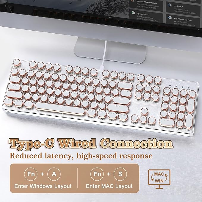 YUNZII QL108 Typewriter Style Mechanical Gaming KeyboardFull Size Hot Swappable RGB Backlit KeyboardsMetal Panel Retro Punk Round KeycapsUSB Wired Computer Keyboard (Silver Onyx Gray Switch)