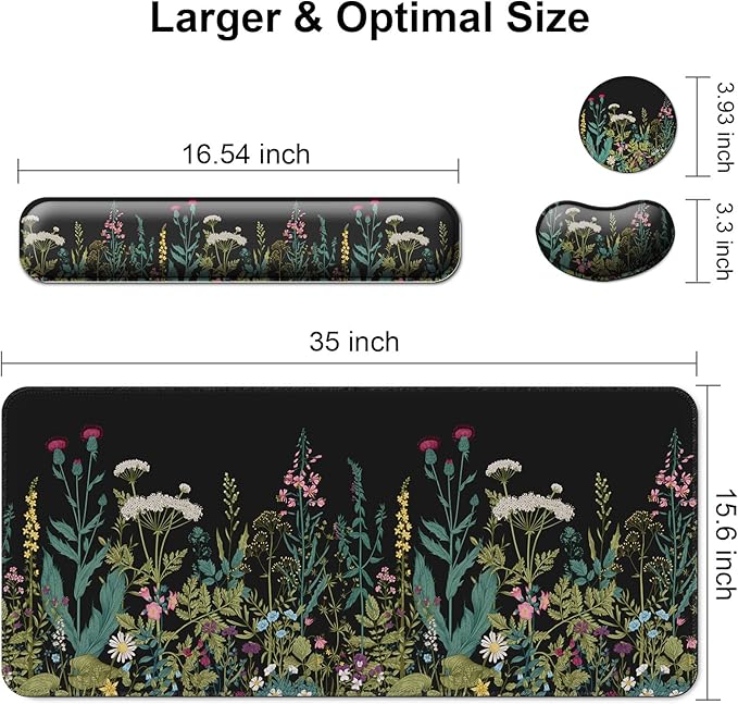 Keyboard Wrist Rest + Mouse Pad with Wrist Support + Desk Mat + Coaster 4 in 1 Set XXL Large Gaming Mousepad Cute Ergonomic Mouse Pads for Desk Computer Laptop Office Decor-Little Flowers