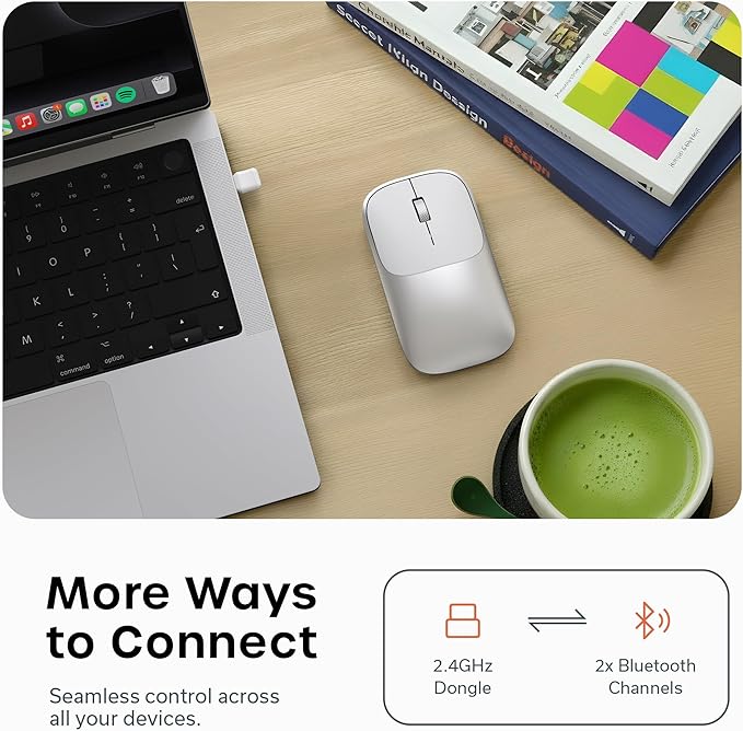 Satechi Slim EX Wireless Mouse Multi-Device Bluetooth &amp 2.4GHz Connection for macOS Windows iPadOS and Android Silent Clicks Anodized Aluminum Shell USB-C Rechargeable Battery Silver