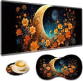 Large Game Mouse Pad + Wrist Support Pad + Coffee Coaster Desk Pad with Sewn Edges Anti-Slip Set pad Suitable for Office Work and Home - Flowers Moon Star