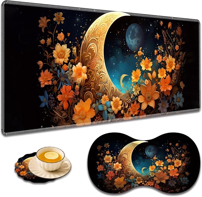 Large Game Mouse Pad + Wrist Support Pad + Coffee Coaster Desk Pad with Sewn Edges Anti-Slip Set pad Suitable for Office Work and Home - Flowers Moon Star