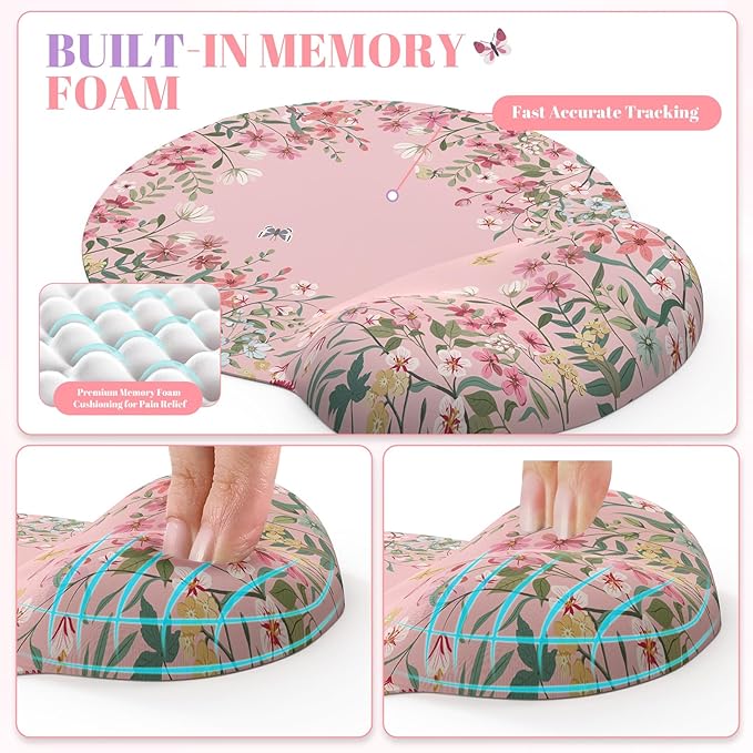 iCasso Desk Mat SetLarge Mouse Pad with Wrist RestErgonomic Keyboard Wrist Support for WomenGirly Floral Computer Mat with Scalloped EdgesNon-Slip Desk Pad Home Office Gaming (Pink)