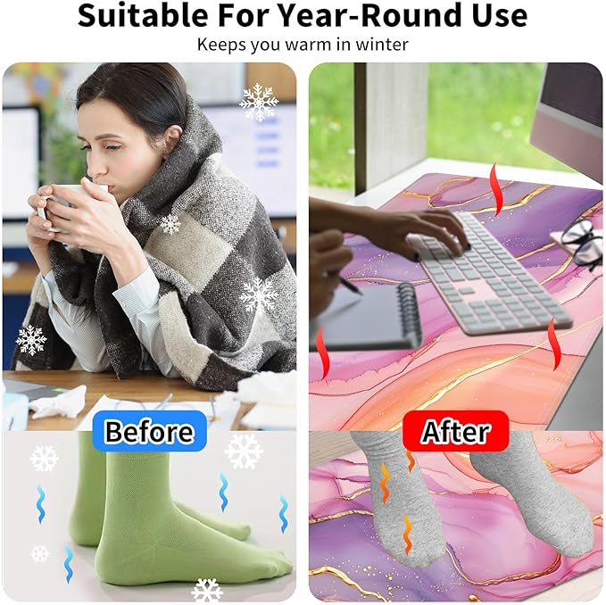 Warm Desk PadHeated Desk PadOffice Mat3 Heating Levels &amp 3 Hours Auto Shut-Off31.5*13 Gaming Mouse Laptop Keyboard Leather Desk MatPink Golden Marble