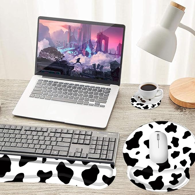 Keyboard Wrist Rest and Mouse Pad Wrist Support Set with CoastersNon-Slip PU Base Ergonomic Gaming Mousepad for Home Office Working Studying Easy Typing &amp Pain ReliefCute Cow Print