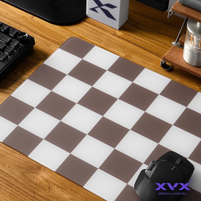 Khaki Checkerboard Tempered Glass Gaming Mouse Pad Large Hard Mouse Mat 410mm×310mm Ultra-Smooth Glass Surface for Speed &amp Precision Control