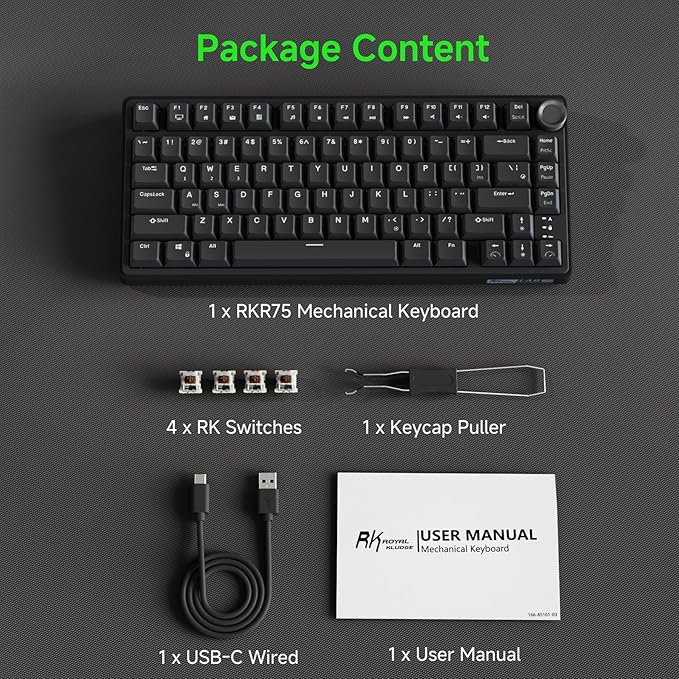 RK ROYAL KLUDGE R75 Wired Mechanical Gaming Keyboard 75% Hot-Swap Mechanical Keyboard Volume Knob Soft Pre-lubed Tactile Brown Switch