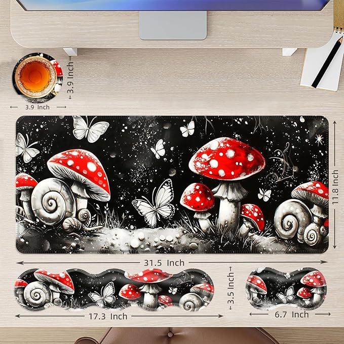 Large Mouse Pad and Keyboard Wrist Rest Desk Pad for Keyboard and Mouse 4-in-1 Large Gaming Mouse Pad with Wrist Support Desk Mat for Home Office Study GameMushrooms Snails Butterflies