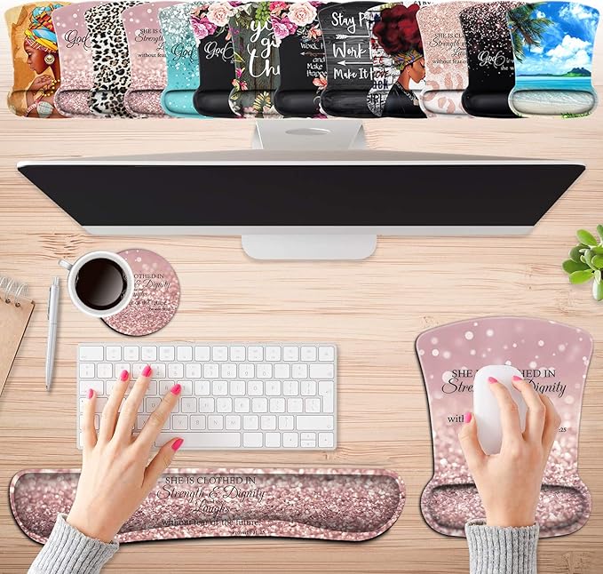 Keyboard Wrist Rest Pad and Ergonomic Mouse Pad Wrist Support Set Proverbs 31:25 Bible Verse Pink Design for Gaming Office Comfortable and Pain Relief with Coaster Set