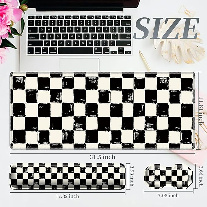 3Pcs Mouse Pad Set Black White Checkerboard Large Gaming Mouse Pad with Stitched Edge Ergonomic Memory Foam Keyboard Wrist Support and Mouse Wrist Rest Cushion Pain Relief Non-Slip Desk Pad Combo