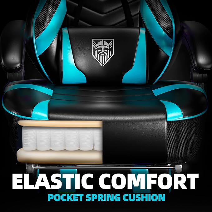 Vonesse Gaming Chair Big and Tall Gaming Chair with Footrest and Massage Gaming Chairs for Adults with Lumbar Support Ergonomic High Back Computer Chair with Pocket Spring Cushion (Cyan/Black)