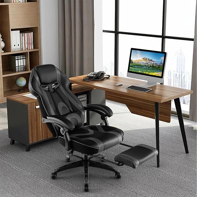 Giantex Gaming Chair with Footrest for Adults Reclining Video Game Chair w/Lumbar Support Racing Style Ergonomic Office Computer Chair Height Adjustable Swivel Gamer Chair for Gaming (Grey)