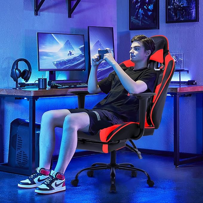 Gaming Chair Computer Chair Ergonomic Gaming Chair with Footrest Reclining High Back Video Game Chair with Lumbar Support Headrest Armrest Swivel Seat for Women Men (Red)