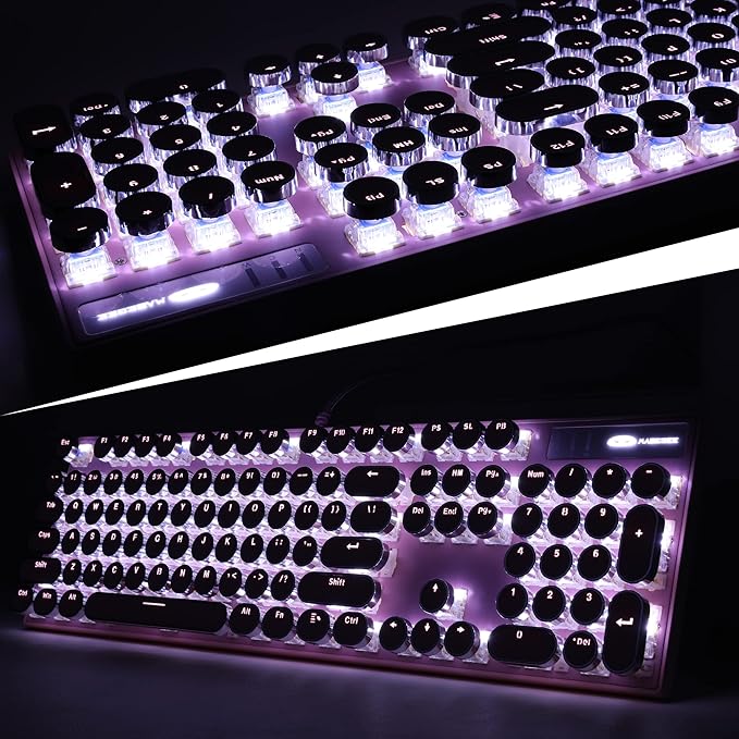 Camiysn Typewriter Style Mechanical Gaming Keyboard Pink Retro Punk Gaming Keyboard with White Backlit 104 Keys Blue Switch Wired Cute Keyboards Round Keycaps for Windows/Mac/PC