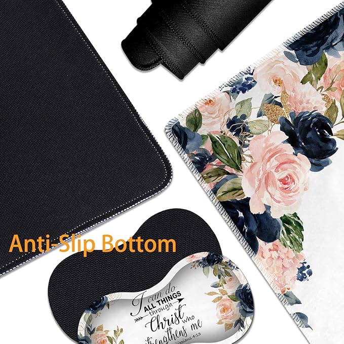 3-in-1 Large Mouse Pad Gaming Set (31.5 x 11.8 inch)+ Wrist Rest Pad + Coaster Memory Foam Gel Wrist Rest Pad for Pain Relief Stitched Edges Non-Slip Table Mat Bible Phil 4-13 Floral