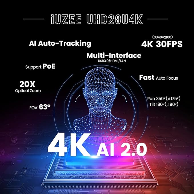 4K UHD PTZ Camera AI-Auto Tracking 20X Optical Zoom USB3.0/HDMI/LAN PoE IP Live Streaming PTZ Conference Room Camera for Church Services Education Conference Events Work with YouTube OBS