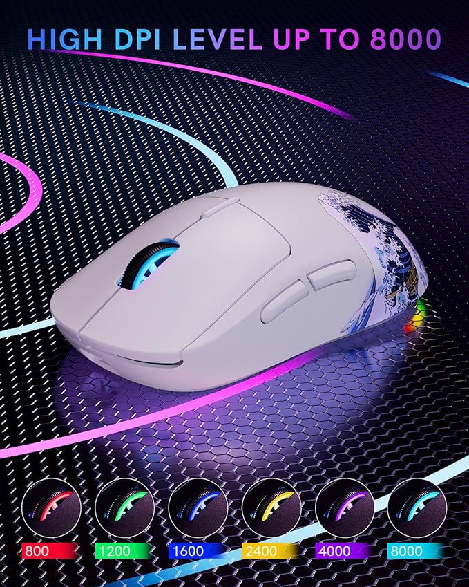 G57 Wireless Gaming Mouse 8000 DPI 80g 2.4G/Bluetooth/USB-C Rechargeable Wireless Mouse with 5 Programmable Buttons for PC/Mac White