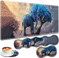 Large Gaming Mouse Pad + Keyboard Wrist Rest + Wrist Support + Coaster Set Memory Foam Ergonomic for Easy Typing XXL Extended Gaming Mouse Pad Table Pad - Blue Leaves and Elephants