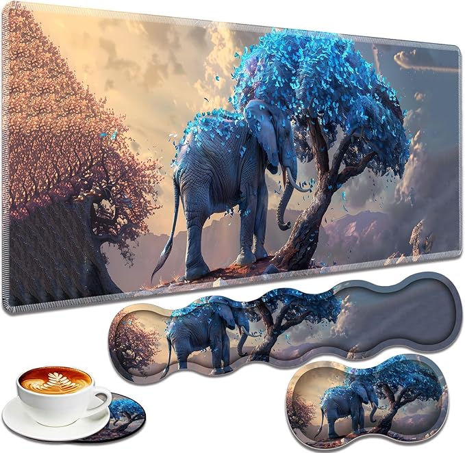Large Gaming Mouse Pad + Keyboard Wrist Rest + Wrist Support + Coaster Set Memory Foam Ergonomic for Easy Typing XXL Extended Gaming Mouse Pad Table Pad - Blue Leaves and Elephants