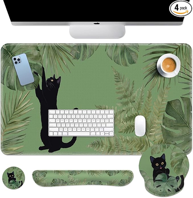 Britimes Sage Olive Green Leaves Keyboard Mouse Pad Set Funny Cute Cat 4in1 Large Mousepad+Keyboard Wrist Rest+Mouse Wrist Rest+Coaster Ergonomic Design for Home Office Computer 35.4x15.7 inches