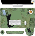 Britimes Sage Olive Green Leaves Keyboard Mouse Pad Set Funny Cute Cat 4in1 Large Mousepad+Keyboard Wrist Rest+Mouse Wrist Rest+Coaster Ergonomic Design for Home Office Computer 35.4x15.7 inches