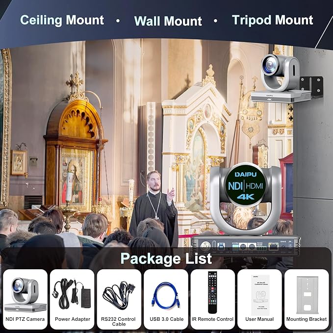 NDI PTZ Camera 4K 20X Optical Zoom HDMI USB SDI LAN PoE AI Auto Tracking PTZ Conference Camera for Church Live Streaming Video Conference Education Broadcast with YouTube Facebook Live Zoom