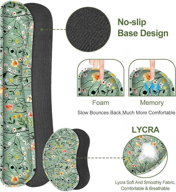 Floral Desk Mat 4in1 Large Mouse Pad with Wrist Rest Anti-Slip Desk Pad for Desktop XXL Ergonomic Mousepad with Wrist Support for Keyboard and Mouse Green Art Flowers