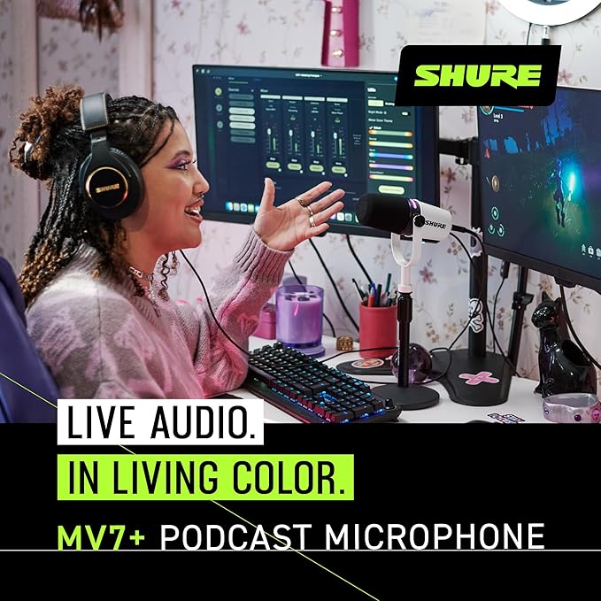Shure MV7+ Podcast Dynamic Microphone – OBS Certified Enhanced Audio LED Panel USB-C &amp XLR Outputs Auto Level Mode Digital Pop Filter Reverb Effects – For Podcasting Streaming Recording W