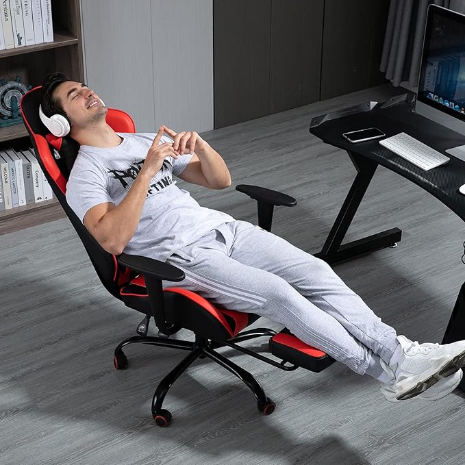 ECOTOUGE PC Massage Gaming Chair with Footrest Ergonomic Office Desk Chair Adjustable Massage Lumbar Cushion and Headrest Red