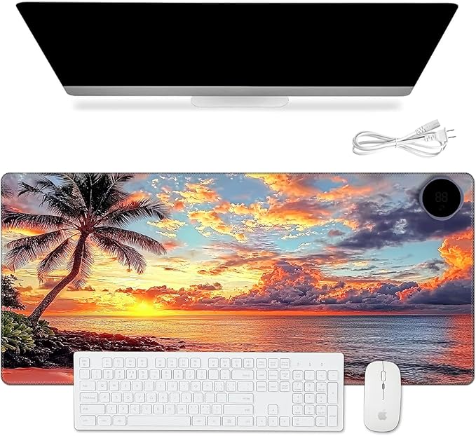 Warm Desk Pad Warm Mouse Pad Gaming Office Desk Matwith 3 Levels Heated &amp 3 Hours Auto Shut - 31.5 x 13 inch PU Leather Laptop Keyboard Mat for Home Office Hand WarmerCoconut Trees Sunset -105