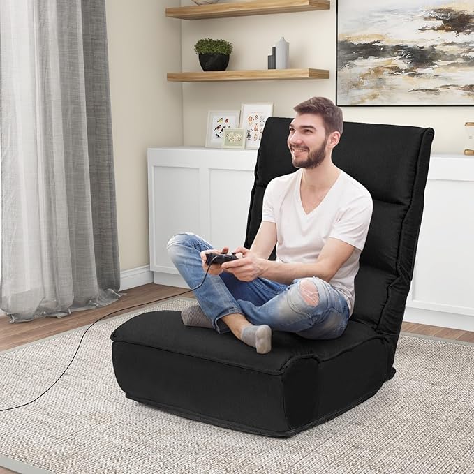 KOMFOTT Folding Floor Chair for Adults Floor Gaming Chair with 5-Position Adjustable Headrest &amp 4-Position Adjustable Backrest Side Pocket Floor Seating Lazy Sofa for Reading Meditating Black