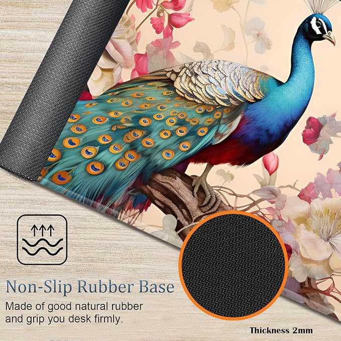 Large Gaming Mouse Pad + Wrist Rest + Lace Coaster Non-Slip Set with Sewn Edges and Waterproof Expandable Desktop Pad Suitable for Office/Home Peacock and Flowers