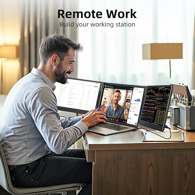 ZUMWALT Laptop Screen Extender 14 Triple Portable Monitor for Laptop 1080P FHD Screen Extender Monitors for 13-16.5 Monitor Extender for MacOS/Windows/Chrome (Built-in Speakers)