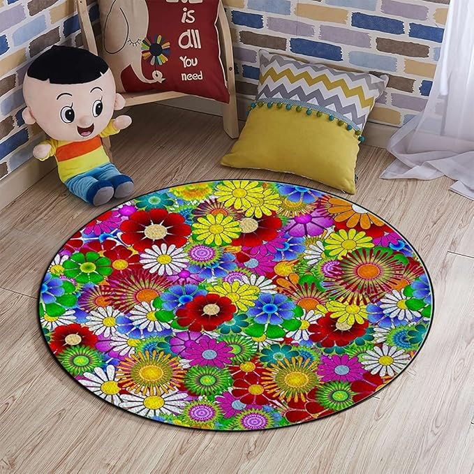 Rustic Floral Design Chair Mat Hard Floor Protecting and Noise Cancelling with Anti Slip Rubber Multi-Purpose Floor Mat for Bedroom Natural Flower FeaturedGreen Yellow Diameter 39.3 in