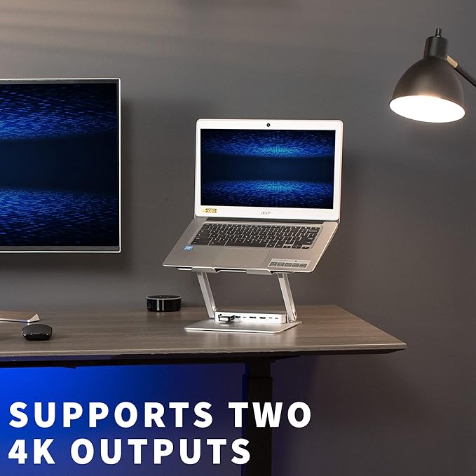 VIVO Universal 11 x 9 inch Height Adjustable Ergonomic Laptop Riser Docking Station with USB-C USB-A HDMI 4K60 DP 4K60 PD RJ45 Tabletop Desk Stand Power Hub Silver STAND-V000LD