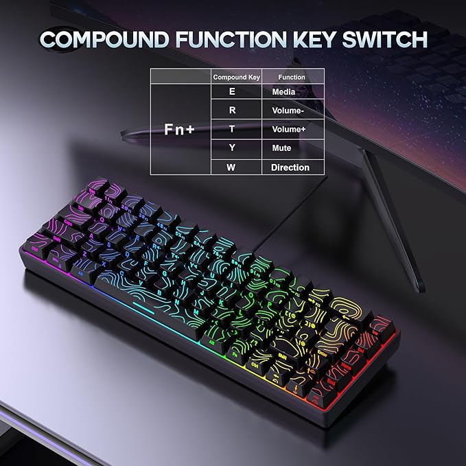 Snpurdiri 65% Wired Gaming Keyboard 68 Keys RGB Backlit Ultra-Compact Small Gaming Keyboard for PC/Mac Gamer Typist Travel Easy to Carry on Business Trip Black