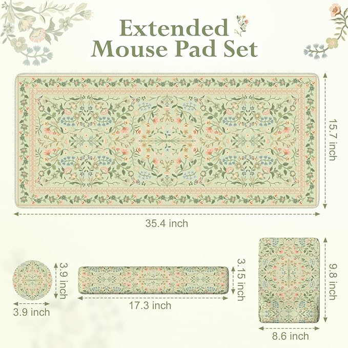 iLeadon Mouse Pad with Wrist Rest Non-Slip Desk Mat for Keyboard and Mouse Mouse Pad Sets for Women Desk Wrist Pads for Keyboard Floral Mat for Home Office (Light Green)
