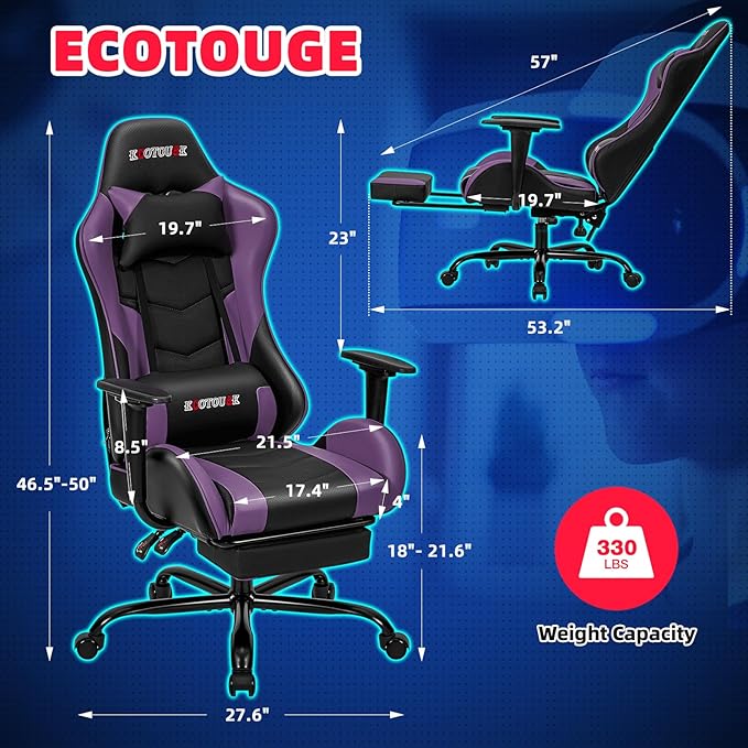 Massage Gaming Chair w/Footrest Video Racing Chair PC High Back Desk Computer Chair PU Leather Recliner w/Headrest and Lumbar Pillow Purple