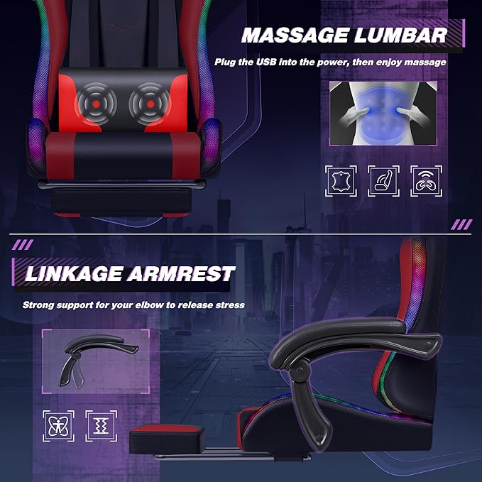 Homall Gaming Chair Video Game Chair with Footrest and Massage Lumbar Support Ergonomic Computer Chair Height Adjustable with Swivel Seat and Headrest (RGB Red)