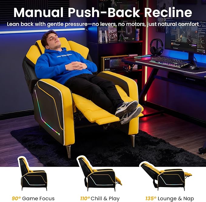 SAMERY Gaming Recliner Chair Push-Back Reclining Gaming Chair with Extended Footrest LED Light Pockets Lumbar Pillow Modern Ergonomic Recliner Sofa for Game Room Living Room (Yellow Recliner)